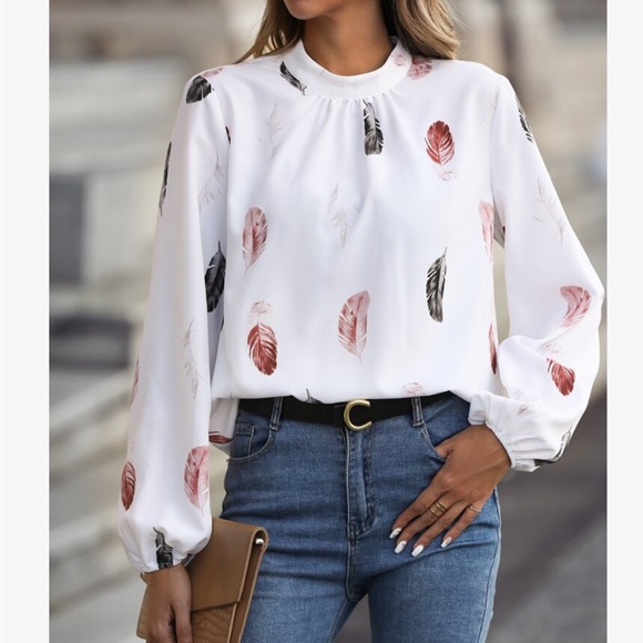 Boho Feather Print Long Sleeve Top Blouse Shirt White - Picture 1 of 7